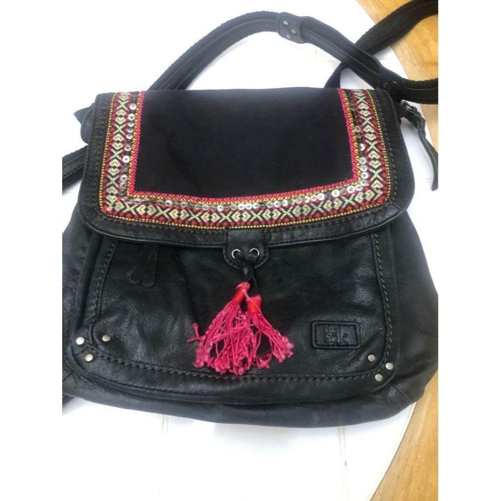 The Sak Black Leather & Crochet Ventura Convertible Mini Backpack
